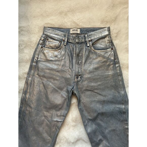 AGOLDE Waxed Metallic Coated Jeans – Raw Cut Hem Skinny Denim Night-Out Chic - Picture 10 of 11